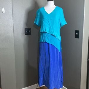 Earth Song Aqua & Blue SILKY Asymmetric Layered V-Neck Cruise Dress petites